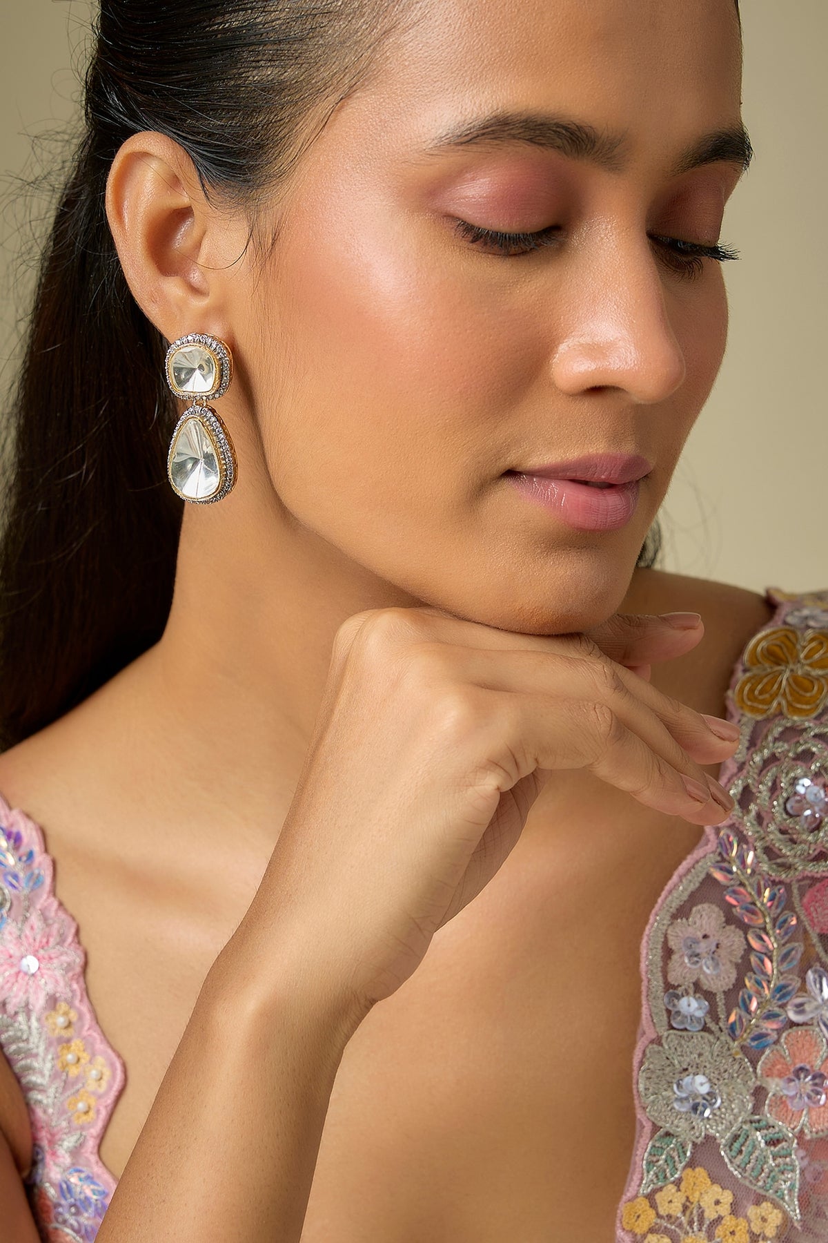 Gold Finish Kundan Polki Dangler Earrings