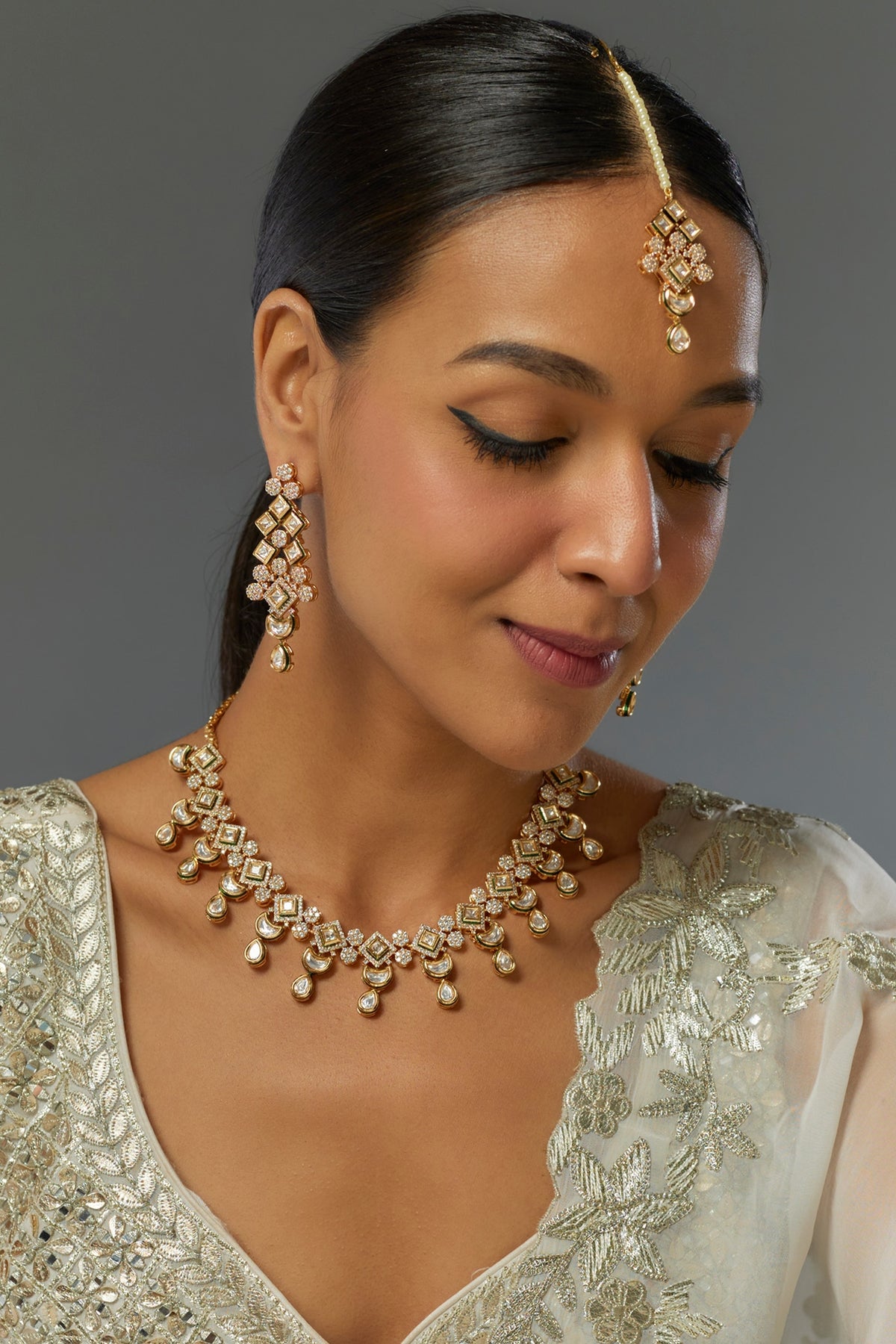 Gold Finish Kundan Polki Dangler Earrings With Maangtikka