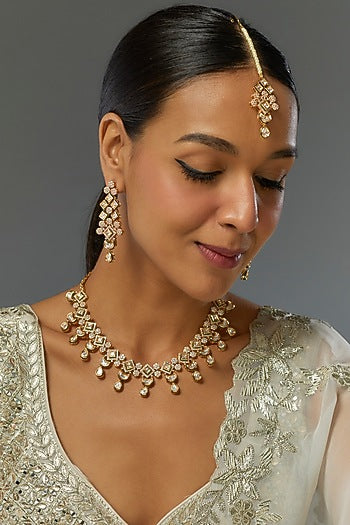 Gold Finish Kundan Polki Dangler Earrings With Maangtikka