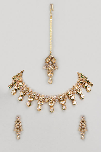 Gold Finish Kundan Polki Dangler Earrings With Maangtikka