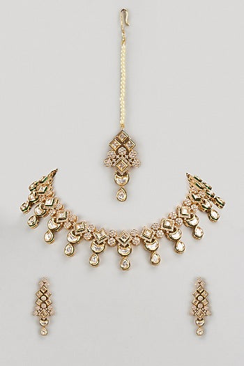 Gold Finish Kundan Polki Dangler Earrings With Maangtikka