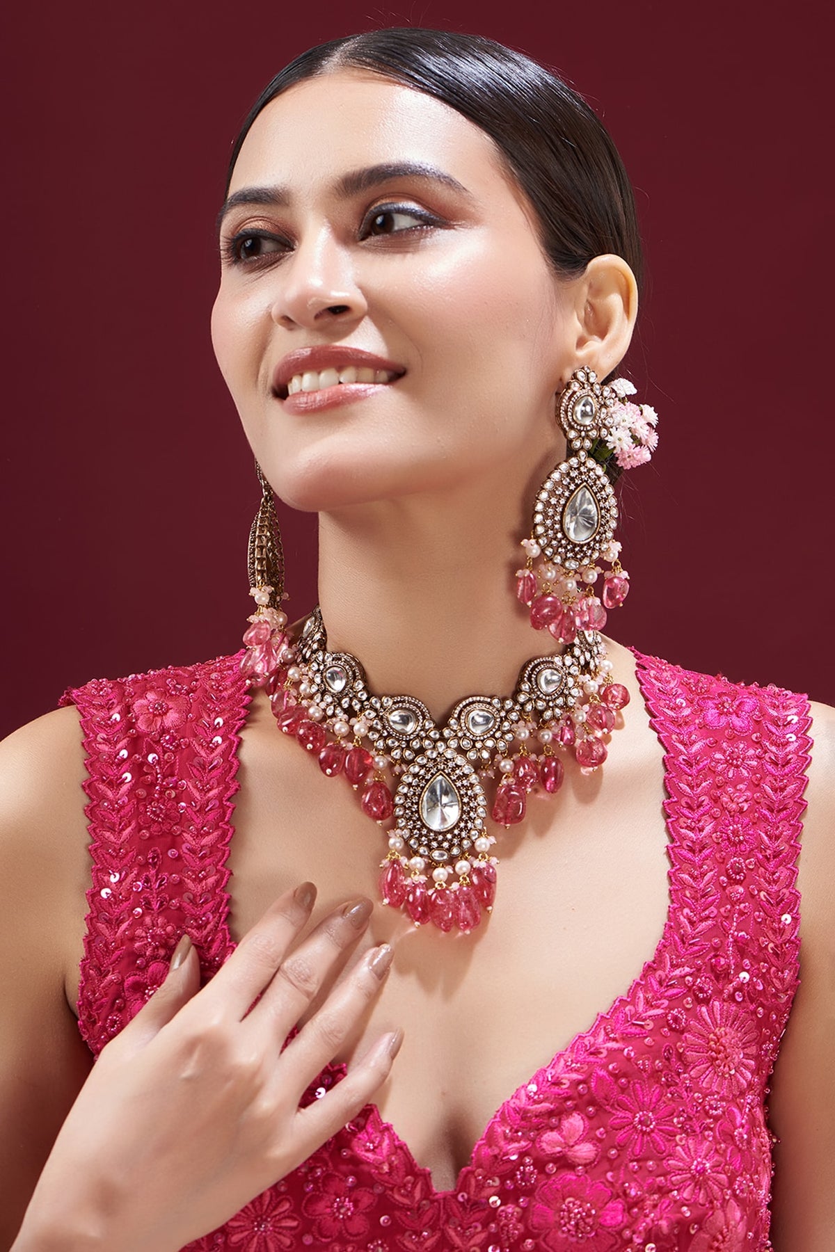 Gold Finish Kundan Polki & Red Stone Choker Necklace