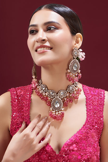 Gold Finish Kundan Polki & Red Stone Choker Necklace