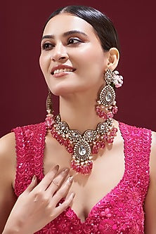 Gold Finish Kundan Polki & Red Stone Choker Necklace