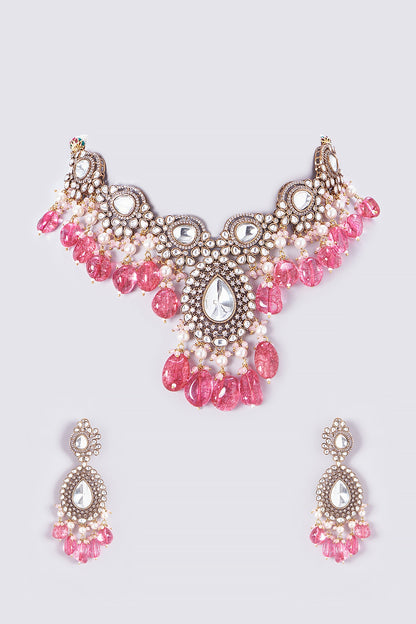 Gold Finish Kundan Polki & Red Stone Choker Necklace