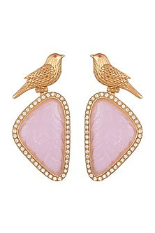 Gold Finish Pink Stone & Zircon Bird Earrings