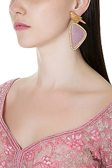 Gold Finish Pink Stone & Zircon Bird Earrings