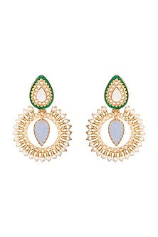 Gold Finish Faux Pearl & Blue Stone Chandbali Earrings