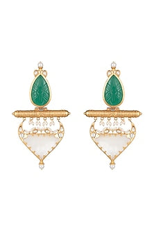 Gold Finish Green & White Stone Earrings