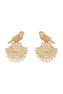 Gold Finish Kundan Polki & Pearl Bird Earrings