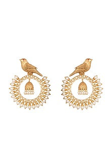 Gold Finish Faux Kundan Polki & Pearl Bird Chandbali Earrings