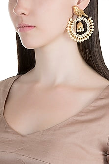 Gold Finish Faux Kundan Polki & Pearl Bird Chandbali Earrings