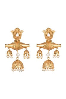 Gold Finish Faux Kundan Polki & Pearl Antique Jhumka Earrings