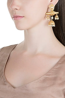 Gold Finish Faux Kundan Polki & Pearl Antique Jhumka Earrings