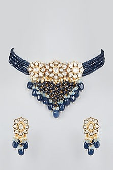 Gold Finish Kundan Polki & Blue Beaded Choker Necklace Set