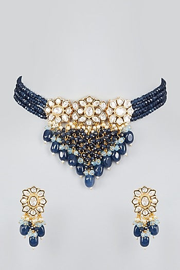 Gold Finish Kundan Polki & Blue Beaded Choker Necklace Set