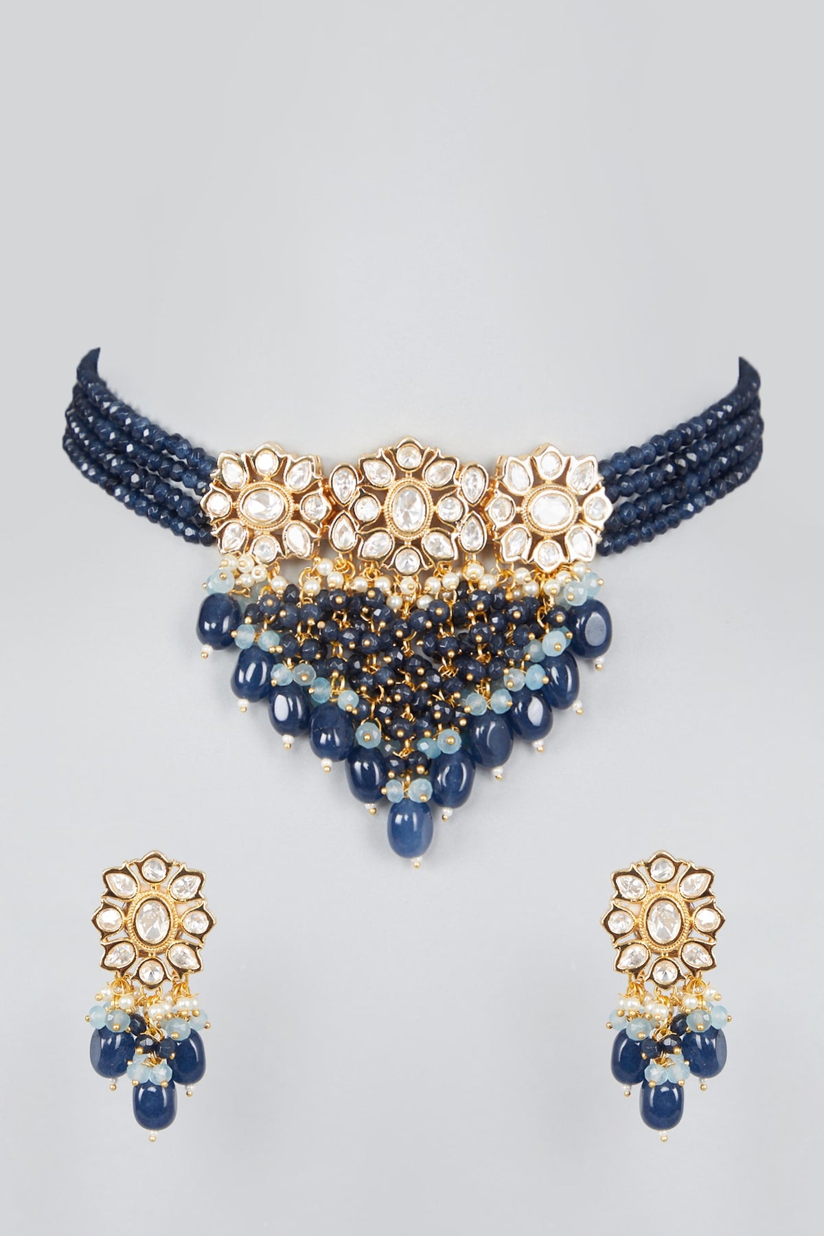 Gold Finish Kundan Polki & Blue Beaded Choker Necklace Set