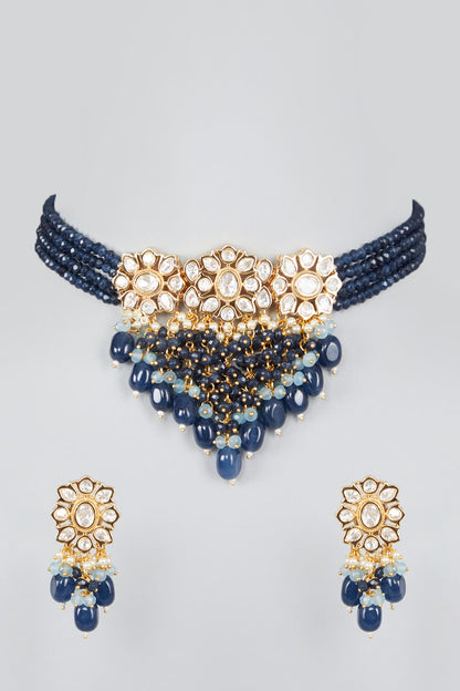 Gold Finish Kundan Polki & Blue Beaded Choker Necklace Set