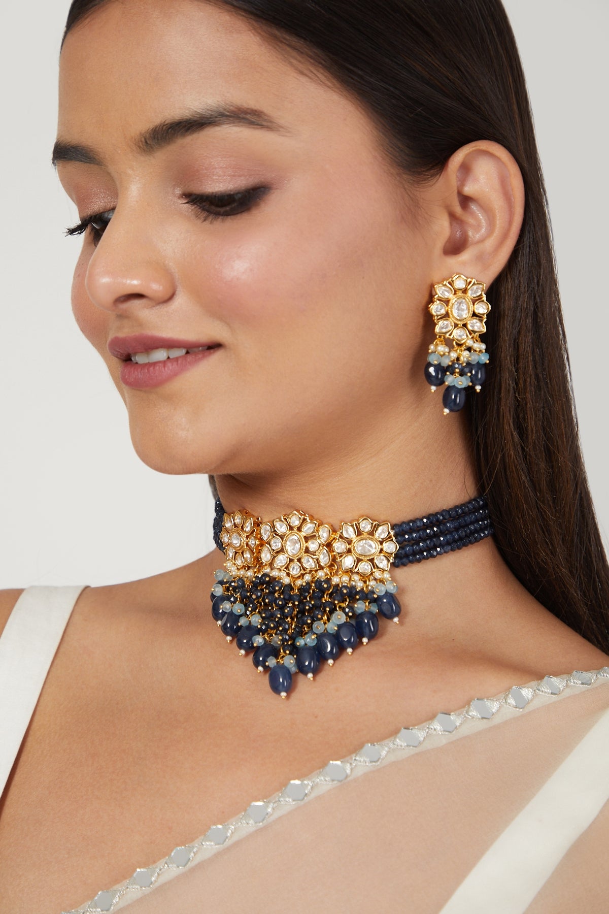 Gold Finish Kundan Polki & Blue Beaded Choker Necklace Set