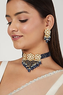 Gold Finish Kundan Polki & Blue Beaded Choker Necklace Set