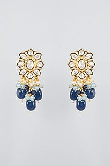 Gold Finish Kundan Polki & Blue Beaded Choker Necklace Set