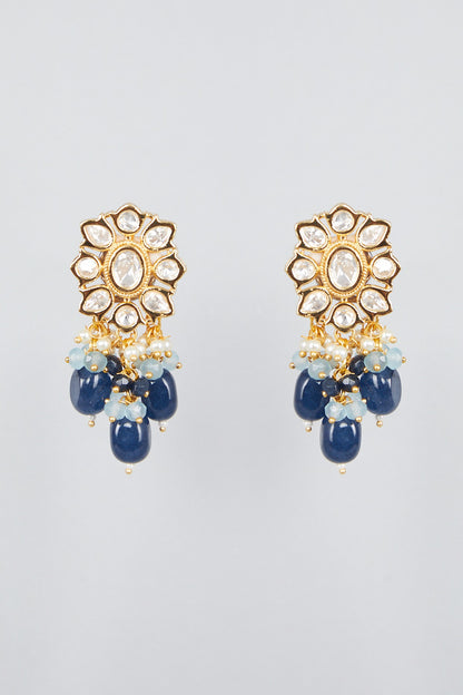Gold Finish Kundan Polki & Blue Beaded Choker Necklace Set