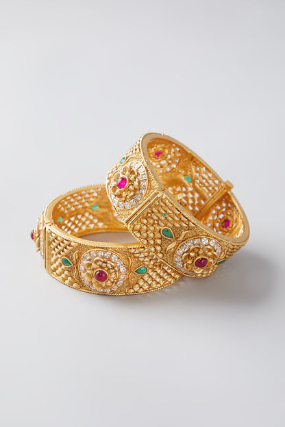 Gold Finish Multi Colored Synthetic Stone Bangles (Set of 2)