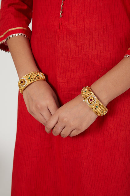 Gold Finish Multi Colored Synthetic Stone Bangles (Set of 2)