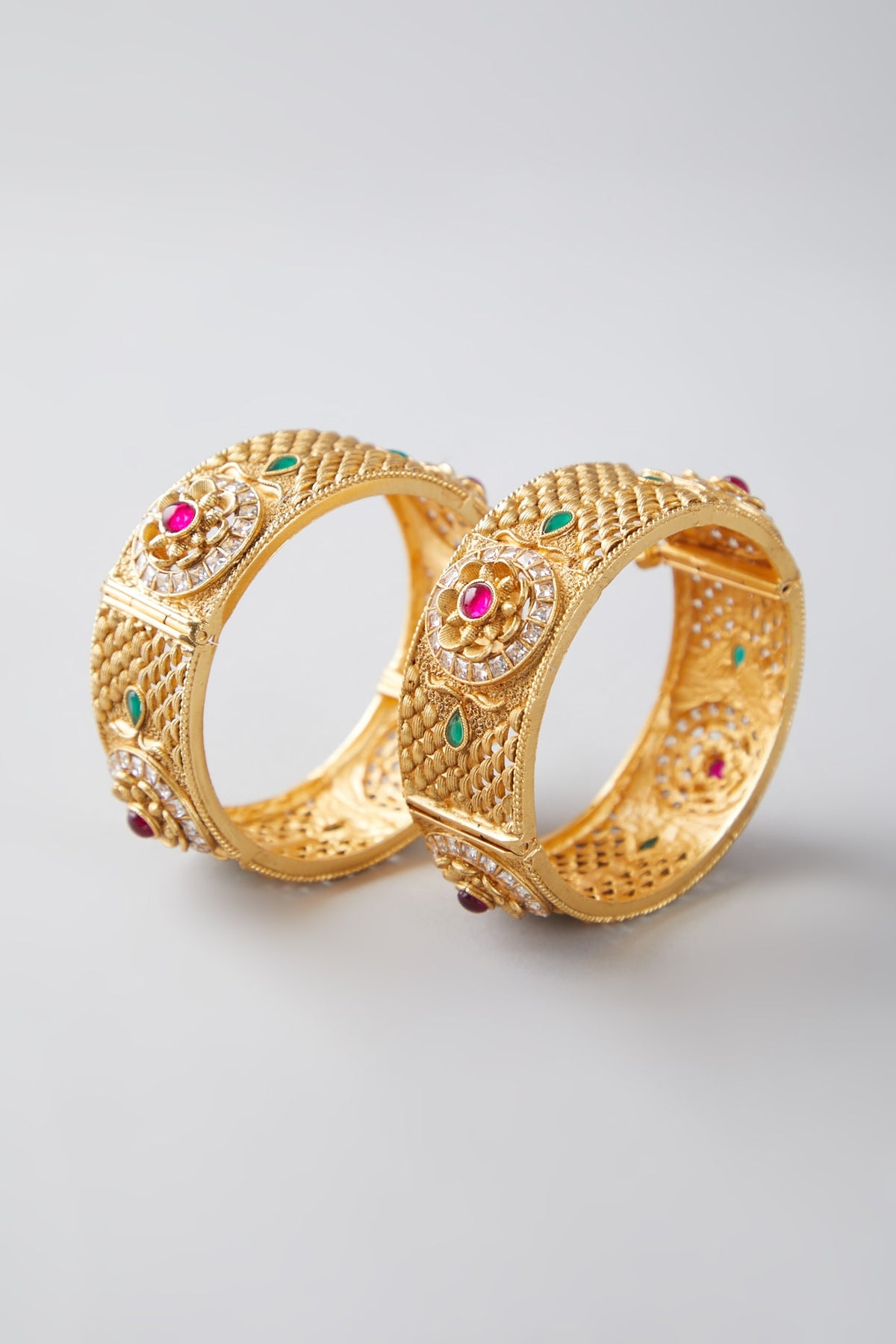 Gold Finish Multi Colored Synthetic Stone Bangles (Set of 2)