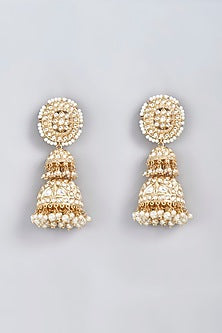 Gold Finish Kundan Polki & Pearl Jhumka Earrings