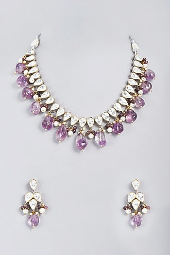 White Finish Kundan Polki & Purple Beaded Necklace Set