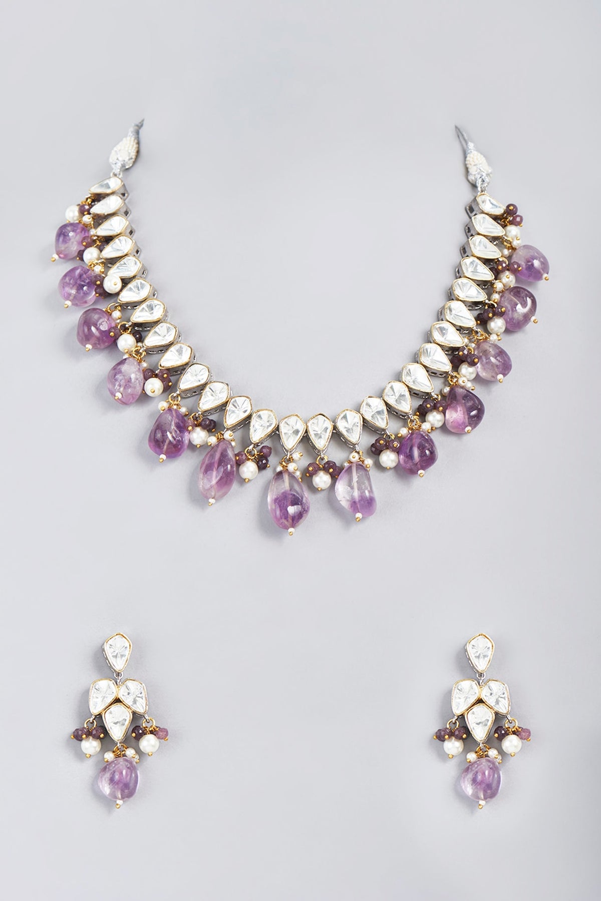 White Finish Kundan Polki & Purple Beaded Necklace Set