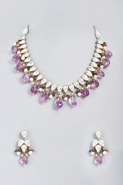 White Finish Kundan Polki & Purple Beaded Necklace Set