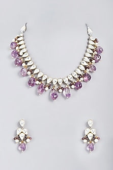 White Finish Kundan Polki & Purple Beaded Necklace Set