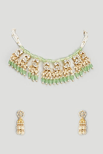 Gold Finish Kundan Polki & Pearl Necklace Set