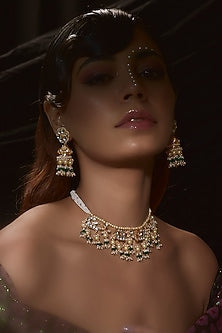 Gold Finish Kundan Polki & Pearl Necklace Set