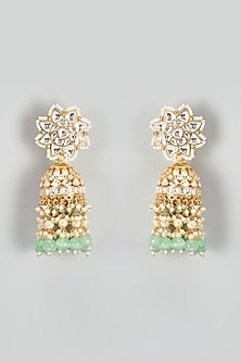 Gold Finish Kundan Polki & Green Beaded Jhumka Earrings