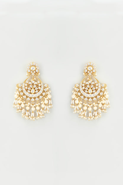 Gold Finish Kundan Polki & Pearls Chandbali Earrings