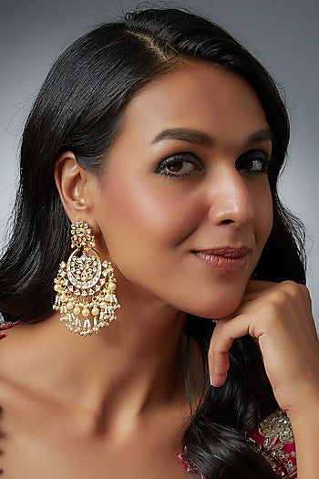 Gold Finish Kundan Polki & Pearls Chandbali Earrings