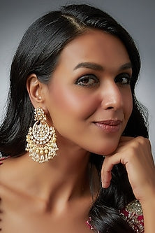Gold Finish Kundan Polki & Pearls Chandbali Earrings
