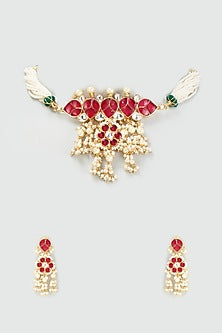 Gold Finish Kundan Polki & Red Stone Choker Necklace Set