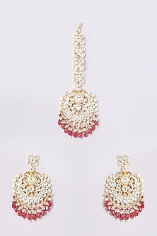 Gold Finish Kundan Polki & Red Beaded Chandbali Earrings With Maang Tikka
