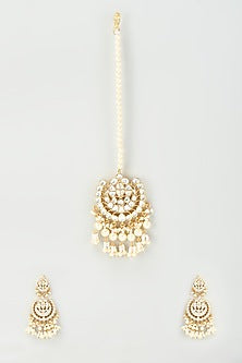 Gold Finish Kundan Polki & Pearls Chandbali Earrings With Maangtikka