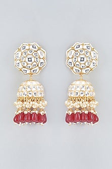 Gold Finish Kundan Polki & Pearl Jhumka Earrings