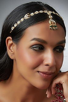 Gold Finish Kundan Polki & Green Beaded Mathapatti