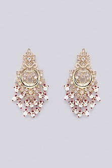 Gold Finish Kundan Polki & Red Beaded Chandbali Earrings