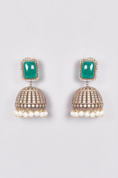 Black Rhodium Finish Kundan Polki & Green Synthetic Stone Jhumka Earrings