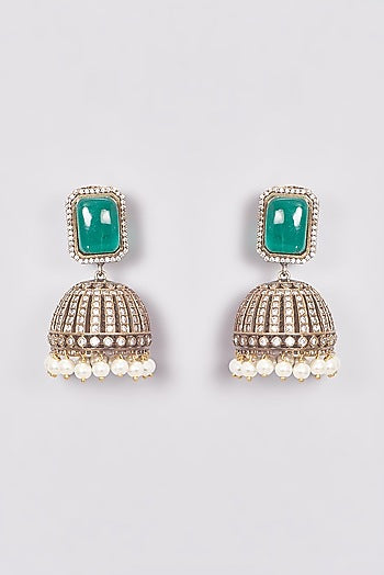 Black Rhodium Finish Kundan Polki & Green Synthetic Stone Jhumka Earrings