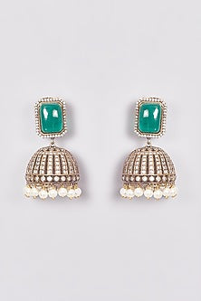 Black Rhodium Finish Kundan Polki & Green Synthetic Stone Jhumka Earrings