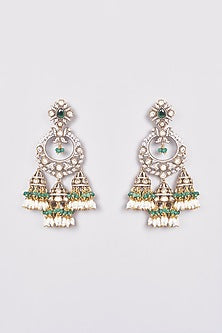 Black Rhodium Finish Kundan Polki & Green Synthetic Stone Dangler Earrings